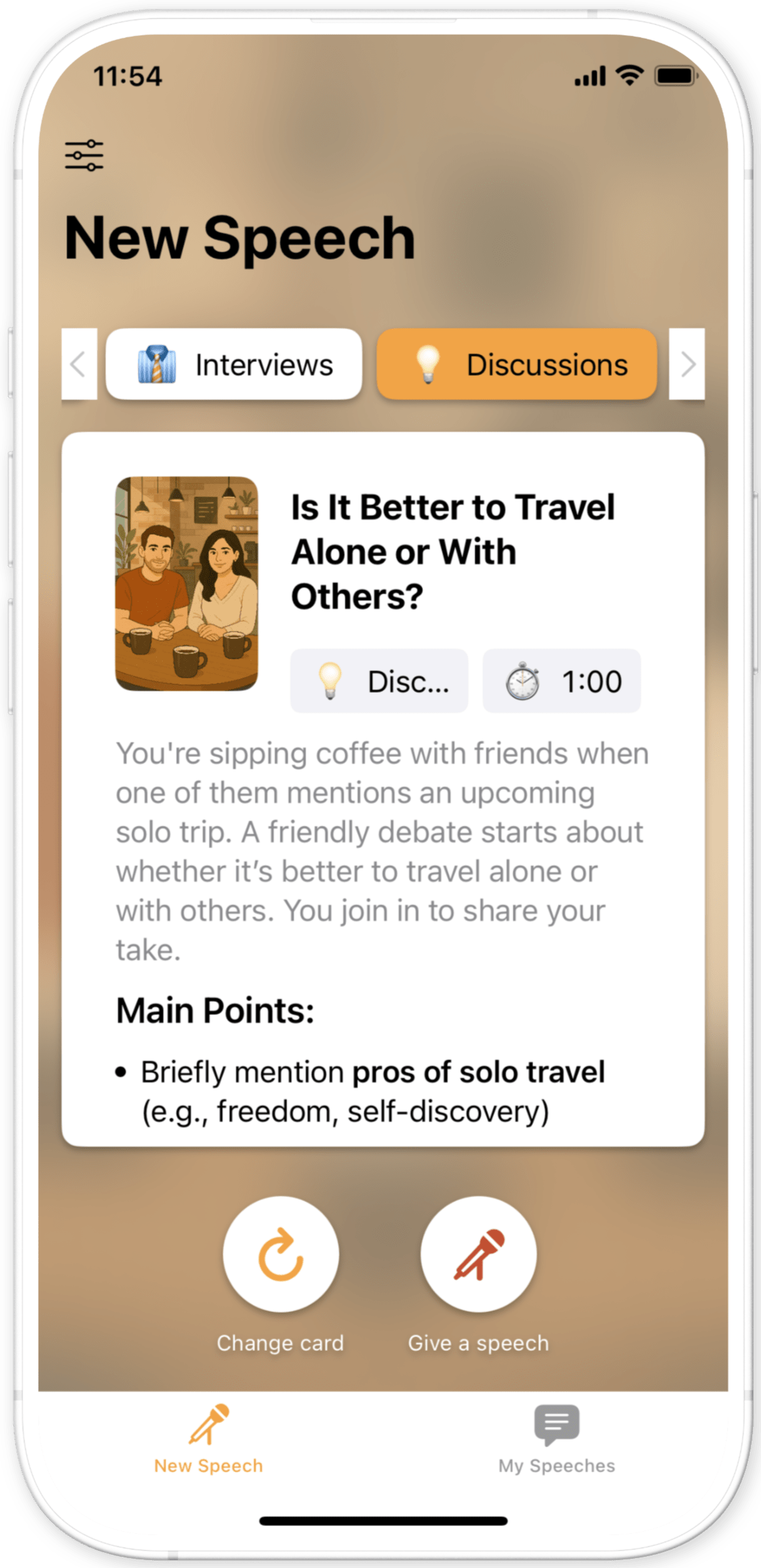 Screenshot of Babli app showing a selected speech scenario with a description and key points for practice.