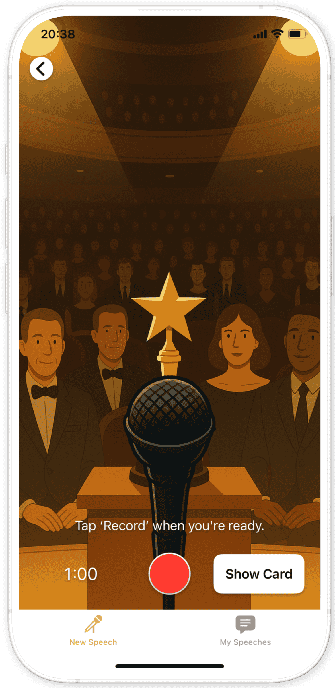 Screenshot from the Babli app showing a virtual audience watching a speaker on stage during an award acceptance scenario.