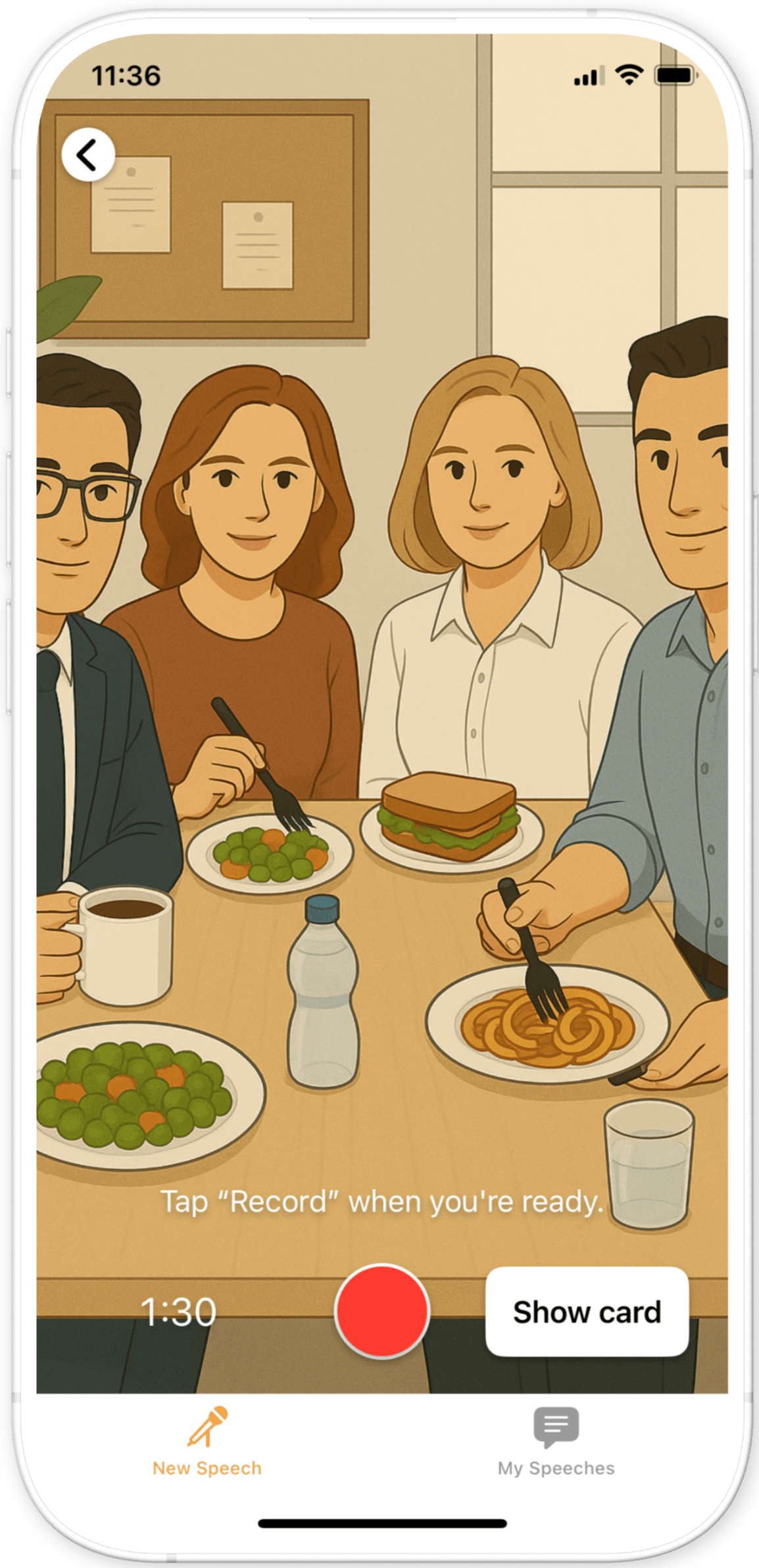 Screenshot from the Babli app showing a team lunch scenario where the user practices giving a casual workplace speech.