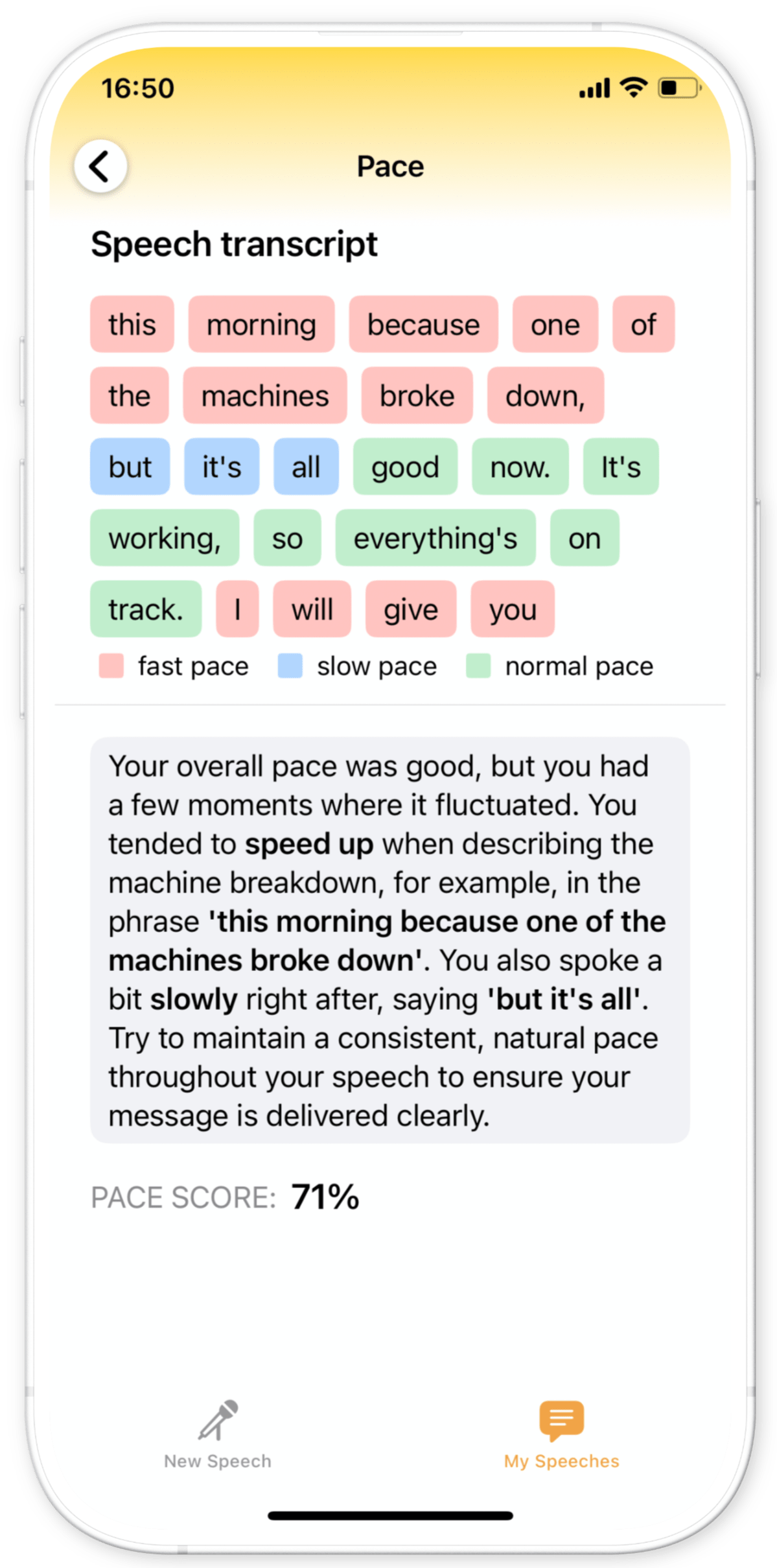 Screenshot of Babli app showing a speech transcript with color-coded pacing highlights - red for too fast, blue for too slow, and green for ideal speed.