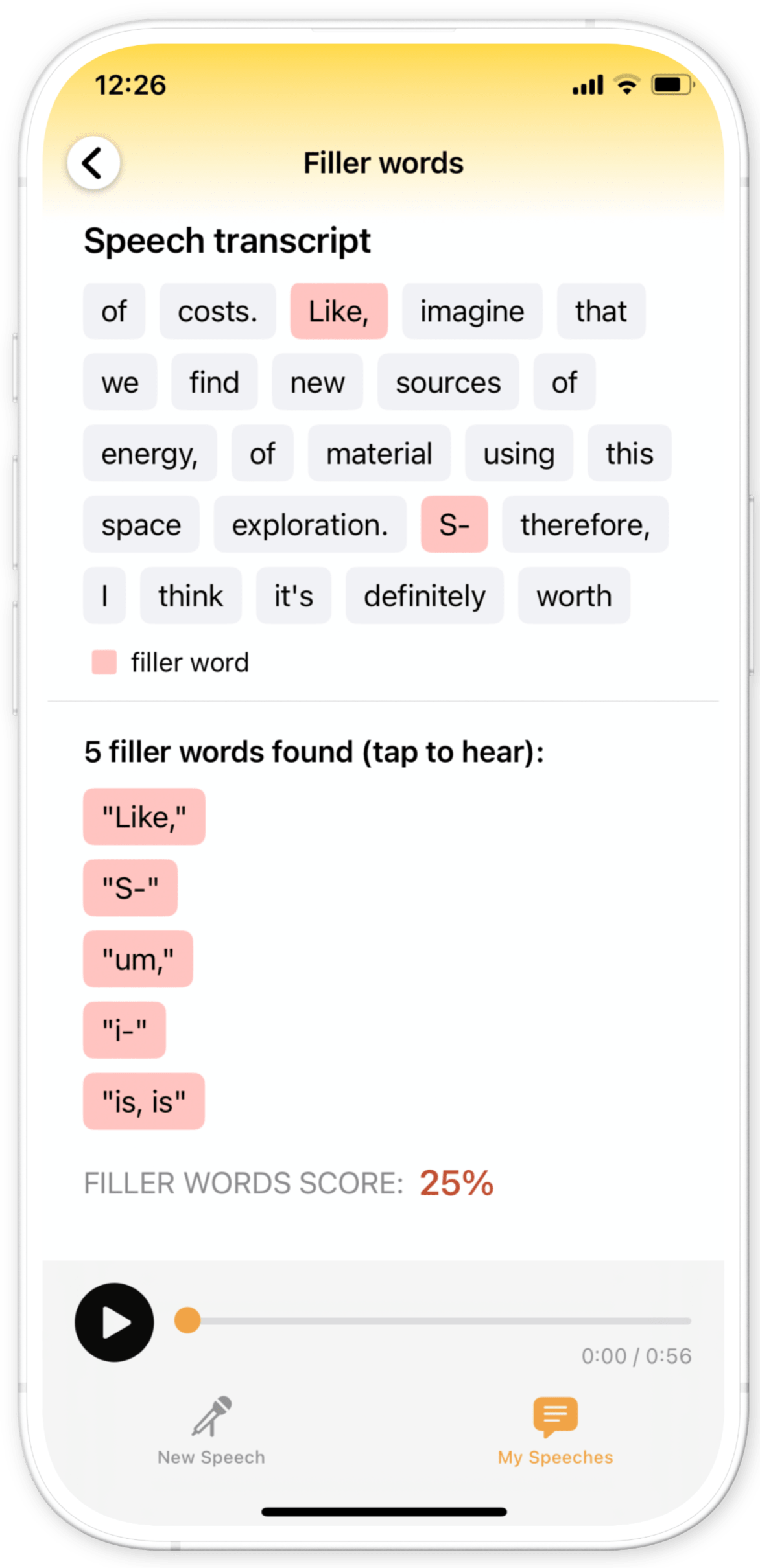 Screenshot of Babli app showing a speech transcript with detected filler words, stutters, and repeated words highlighted, along with a performance score.