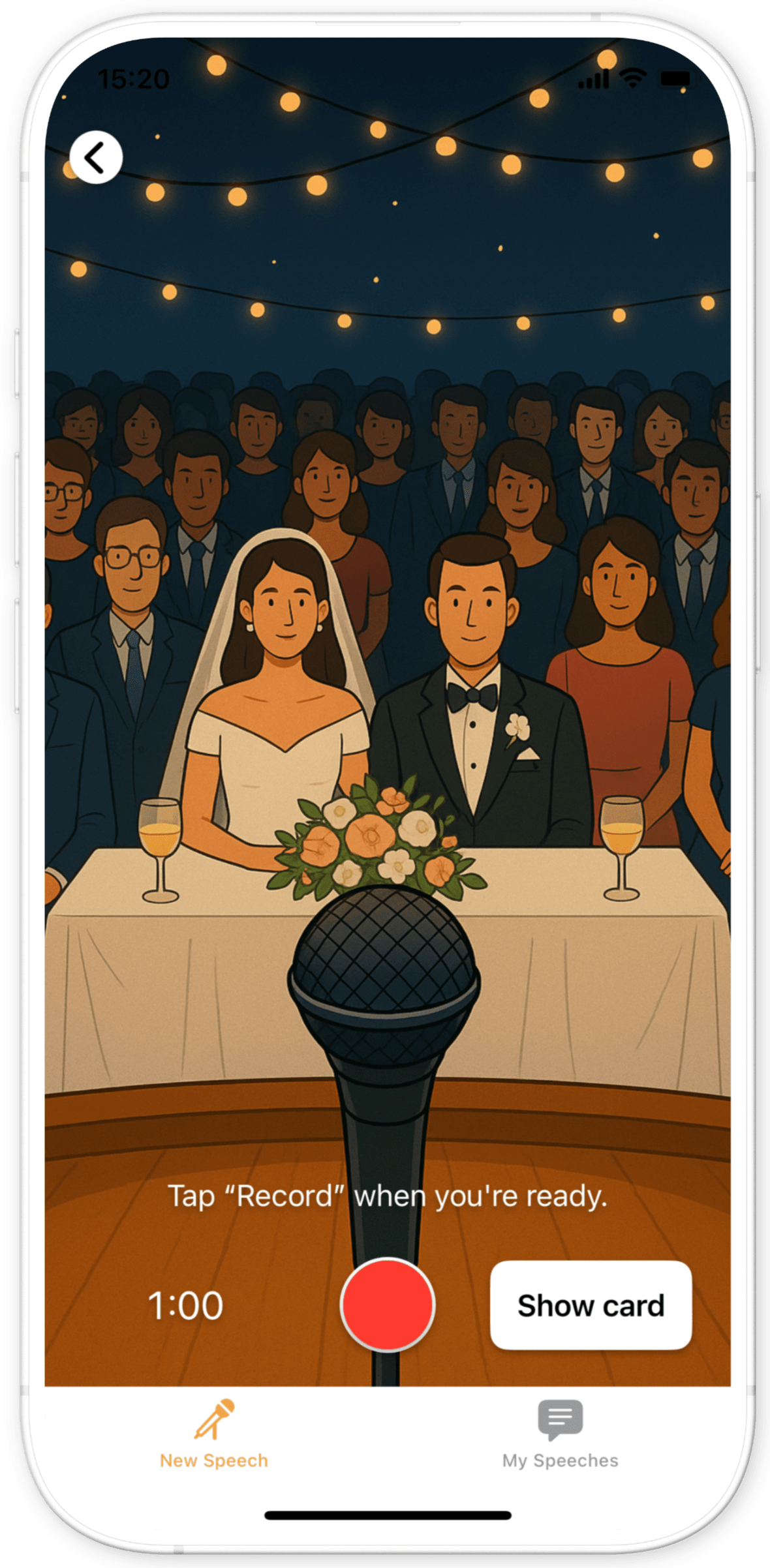 Screenshot of Babli app showing a wedding speech scenario ready to be delivered.