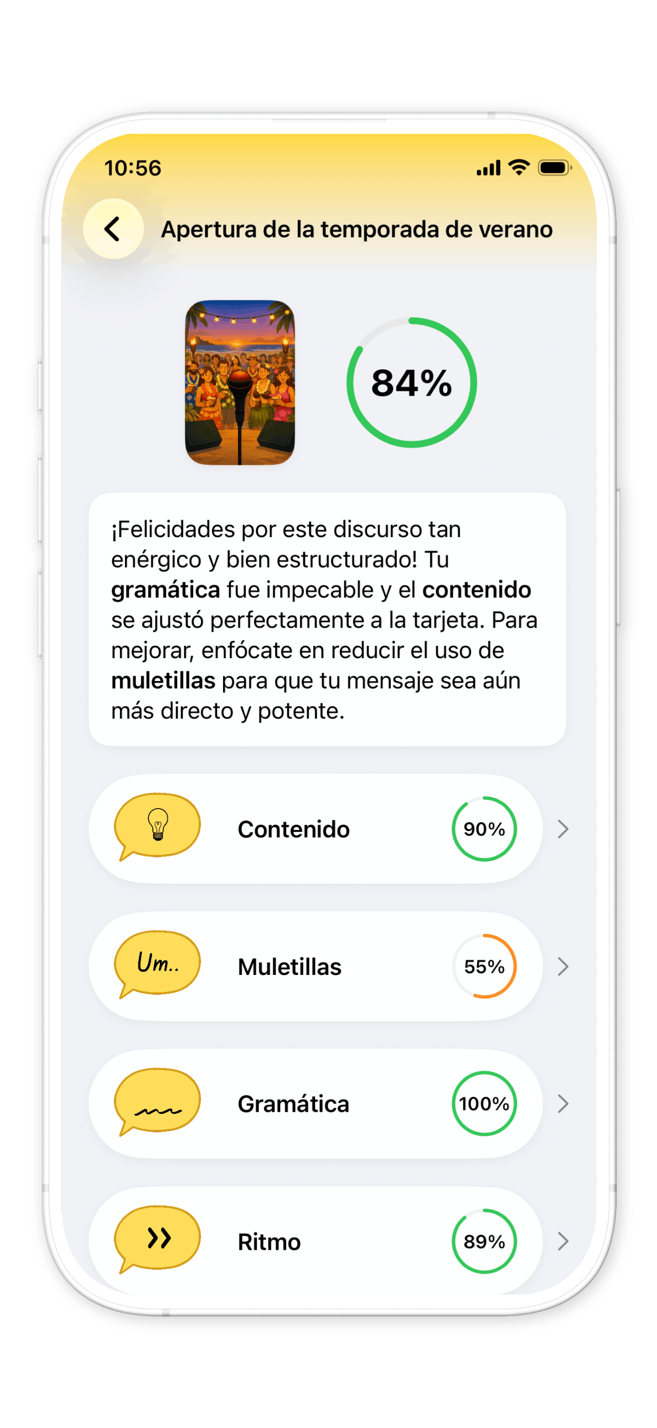 Babli app showing AI feedback for a speech.
