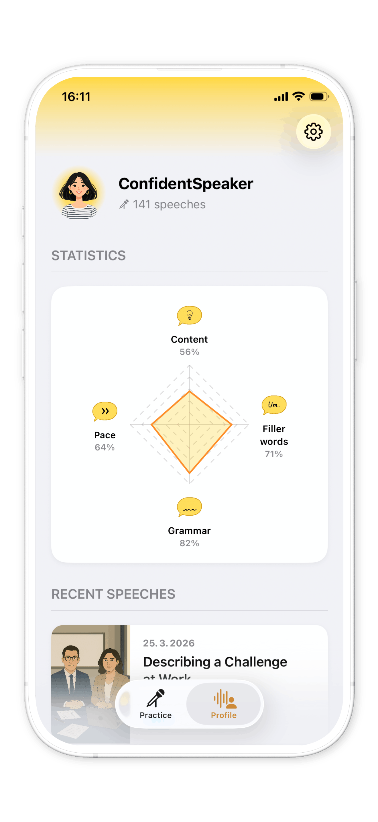 Babli app showing a public speaking profile.