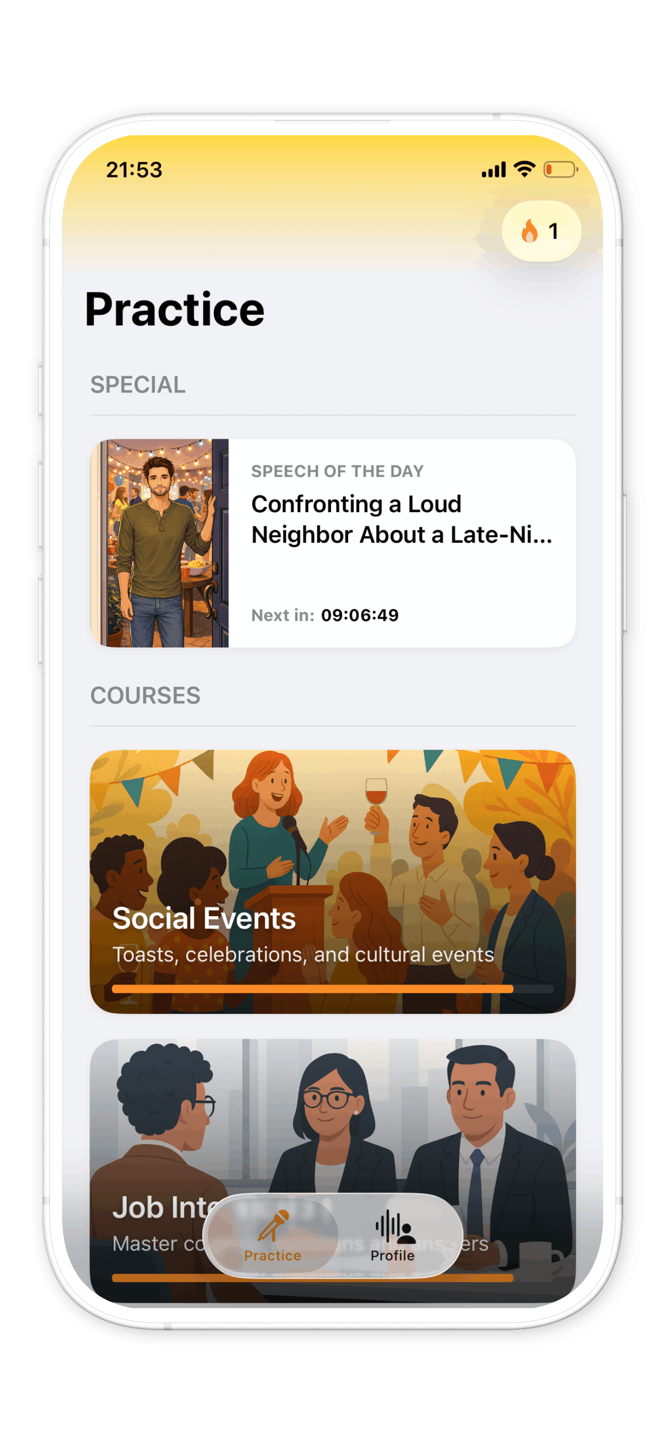 Babli Speech of the Day public speaking scenario on iPhone